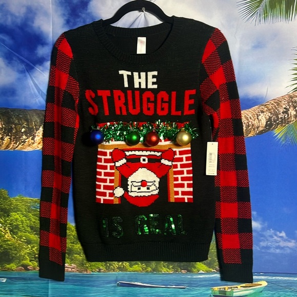 Ugly Christmas Sweater  Santa Sequins Ornaments Tinsel Bells Black Red  … - Picture 1 of 4